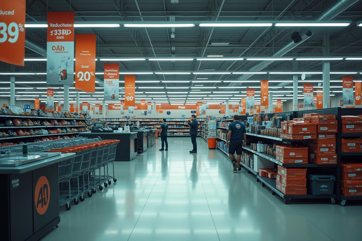 Vue intérieure d'un grand magasin de sport en cours de liquidation lors d'une fermeture définitive