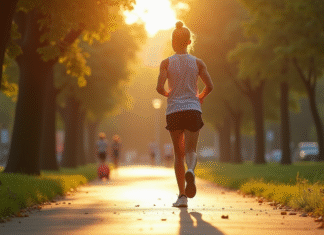 Pourquoi atteindre les 20 000 pas en km est un objectif à viser pour les sportifs Jeune adulte en marche rapide dans un parc urbain ensoleille
