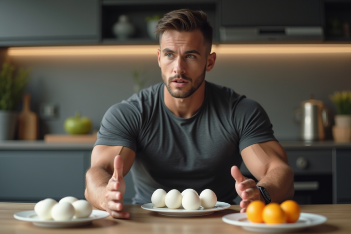 jeune-bodybuilder-cuisine Jeune bodybuilder assis à la cuisine avec œufs blancs et jaunes