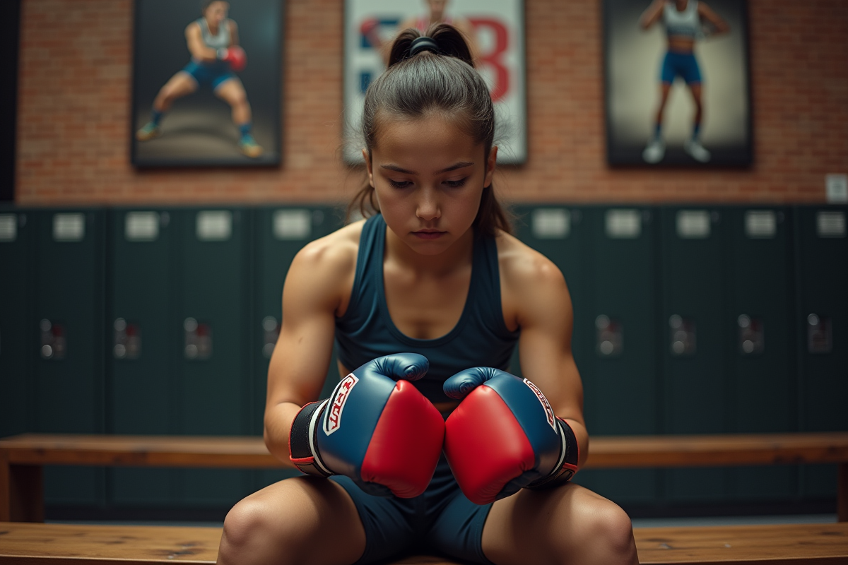 Jeune boxeuse en train de lacer ses gants dans un centre d