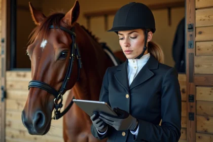 Jeune cavalière concentrée avec son cheval en stabule