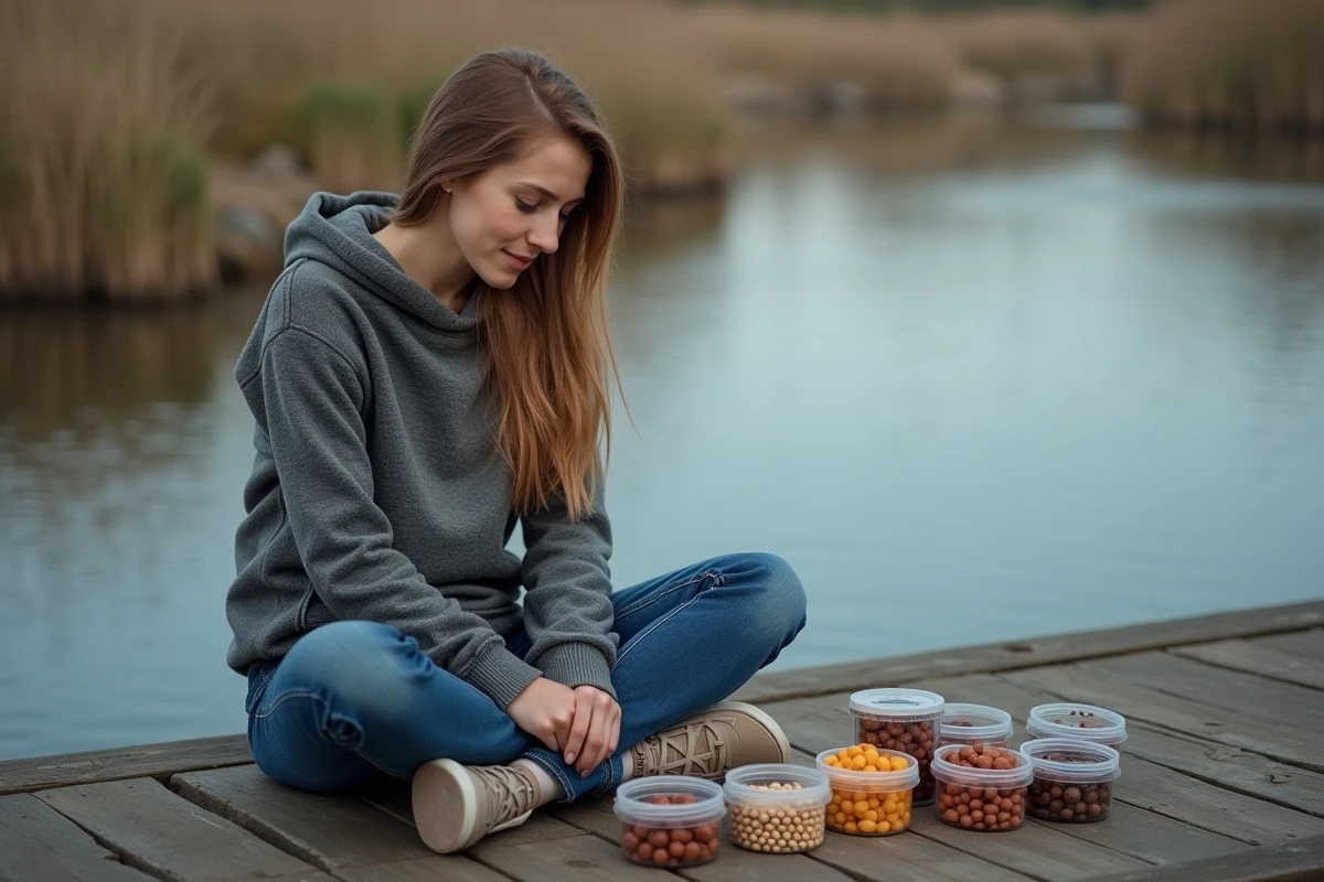 Jeune femme inspectant des boilies sur un pont en bois