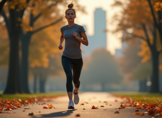Sport féminin : l’importance du sport pour la santé et le bien-être Jeune femme courant dans un parc automnal avec détermination