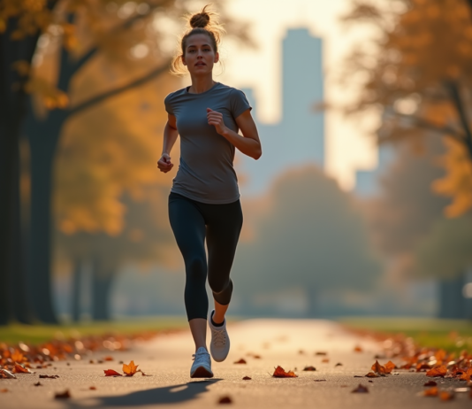 Sport féminin : l’importance du sport pour la santé et le bien-être Jeune femme courant dans un parc automnal avec détermination