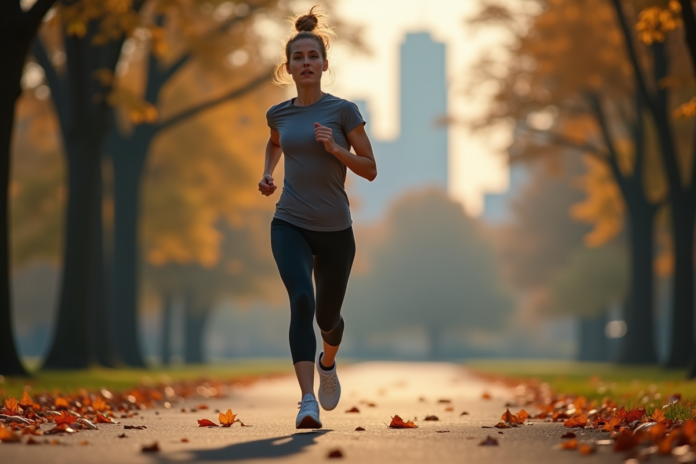 jeune-femme-course-parc-automne Jeune femme courant dans un parc automnal avec détermination