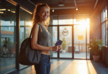Jeune femme souriante devant la salle de gym BasicFit avec carte et sac