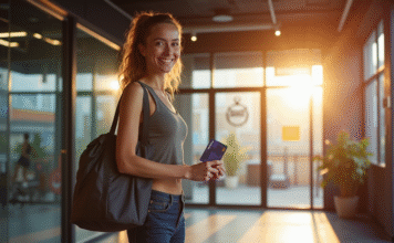 Passer gratuitement à Basic-Fit : profitez des avantages en toute simplicité ! Jeune femme souriante devant la salle de gym BasicFit avec carte et sac