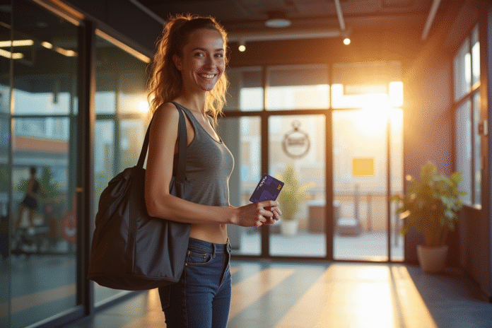 Jeune femme souriante devant la salle de gym BasicFit avec carte et sac