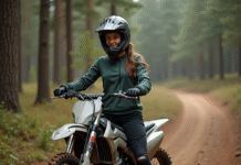 Les meilleures motos tout-terrain pour débutants Jeune femme en équipement motocross sur sentier forestier