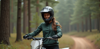 Les meilleures motos tout-terrain pour débutants Jeune femme en équipement motocross sur sentier forestier