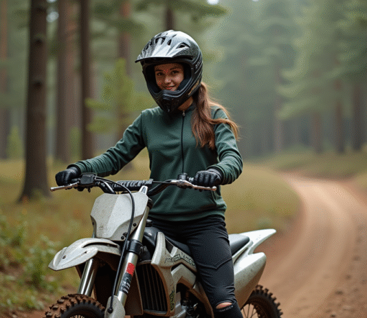 Les meilleures motos tout-terrain pour débutants Jeune femme en équipement motocross sur sentier forestier