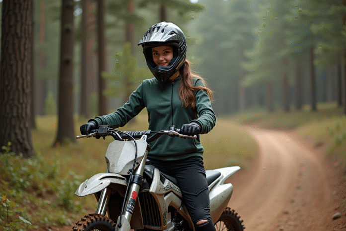 Jeune femme en équipement motocross sur sentier forestier