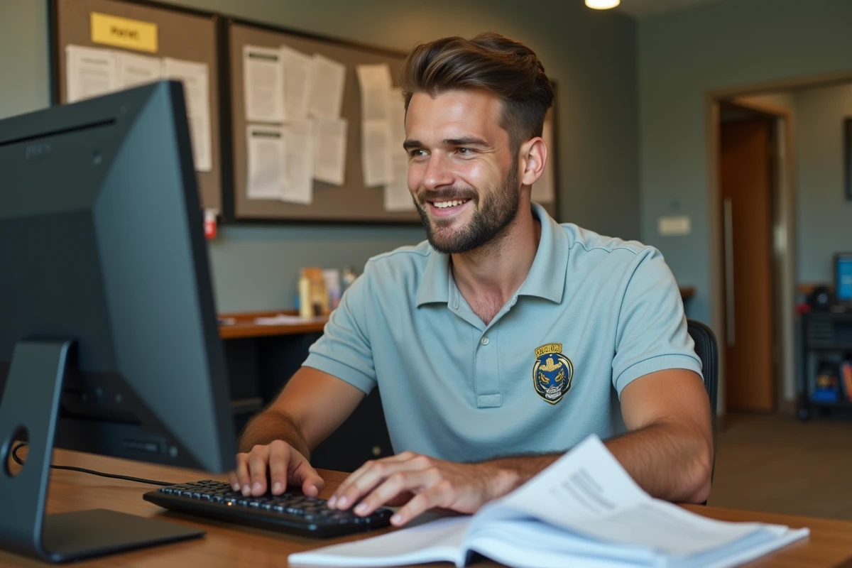 Jeune homme travaillant à un bureau dans un club sportif