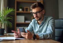 Avis sur l’application Greg : vaut-elle la peine d’être utilisée ? Jeune homme professionnel utilisant une application sur smartphone dans un bureau moderne