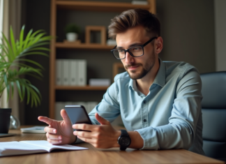 Avis sur l’application Greg : vaut-elle la peine d’être utilisée ? Jeune homme professionnel utilisant une application sur smartphone dans un bureau moderne