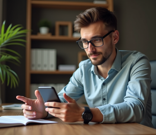 Avis sur l’application Greg : vaut-elle la peine d’être utilisée ? Jeune homme professionnel utilisant une application sur smartphone dans un bureau moderne