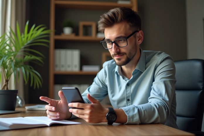 Jeune homme professionnel utilisant une application sur smartphone dans un bureau moderne