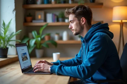 Jeune homme en hoodie bleu utilisant un laptop dans un espace cosy