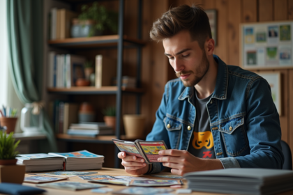 Jeune homme examine une carte à collectionner avec concentration