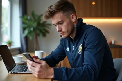 Jeune homme en veste de football regardant son smartphone