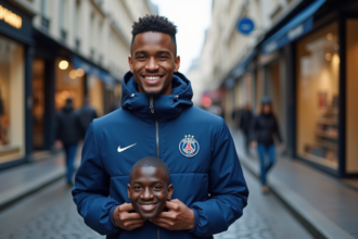 Jeune homme souriant avec masque Mbappé dans une rue parisienne