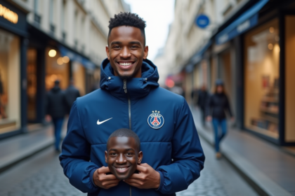 Jeune homme souriant avec masque Mbappé dans une rue parisienne