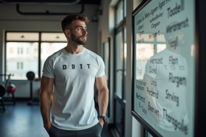 Jeune homme en salle de sport avec tableau d'acronymes gym