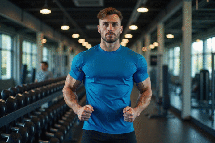 jeune-homme-sportif-biceps Jeune homme sportif en salle effectuant un curl biceps