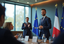 Jeune politicien confiant au podium avec drapeaux français et UE