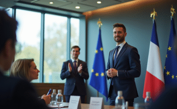 Ministre des Sports 2025 : Qui occupe cette fonction ? Jeune politicien confiant au podium avec drapeaux français et UE