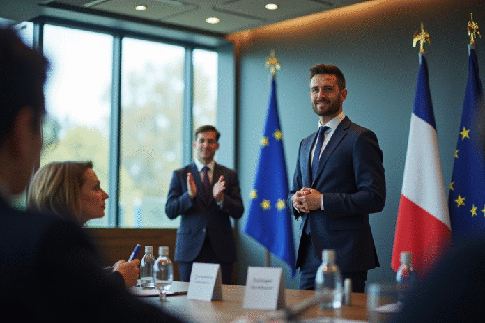 Jeune politicien confiant au podium avec drapeaux français et UE