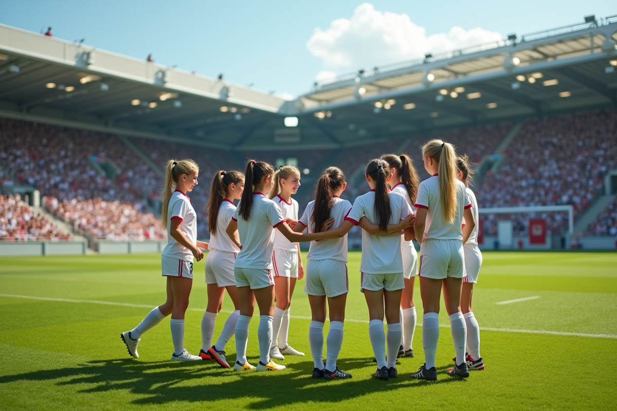 Groupe de filles célébrant après un but au football