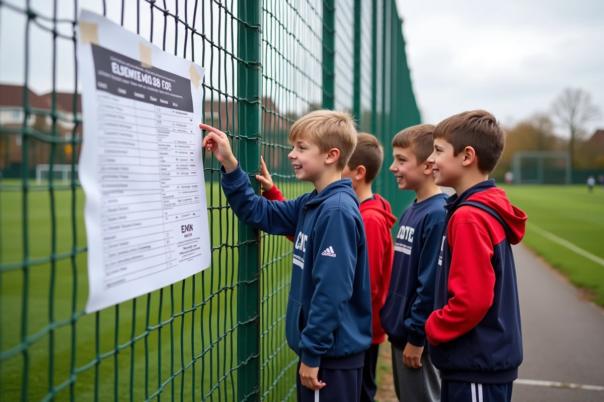 Groupe d adolescents regardant un planning de match sur la clôture