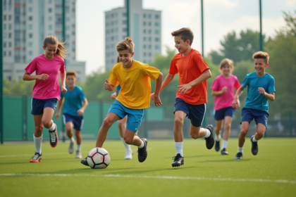 Groupe de jeunes jouant au football en extérieur