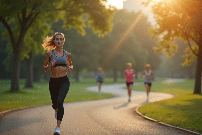jogging-parc-matinal-femme Femme sportive courant dans un parc urbain au matin