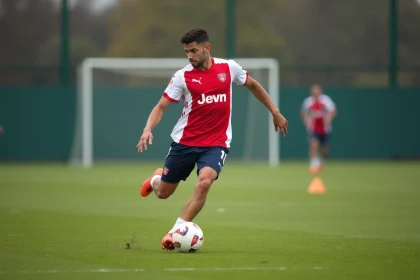 Joueur de l'Ajax Amsterdam en entraînement contrôlant le ballon avec technique sur le terrain d'entraînement du club