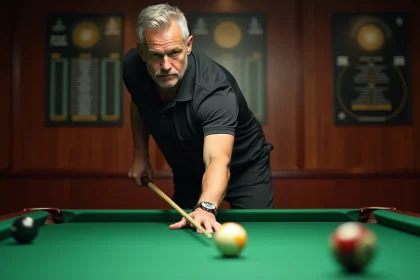 Homme d'âge moyen mesurant un angle de billard avec un protractor