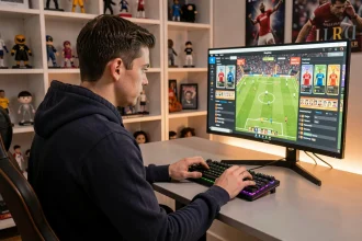Joueur de football virtuel analysant une interface de DCE sur FIFA FC 25 devant son setup gaming