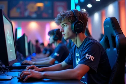 Jeune homme concentré en compétition esports dans une arene moderne