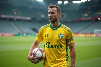Joueur du FC Nantes en tenue officielle jaune et verte tenant un ballon lors d'un entraînement au stade, symbolisant les enjeux du mercato 2026 pour le maintien en Ligue 1