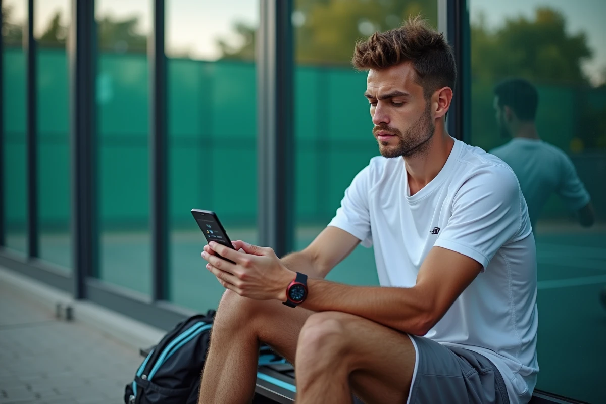 Joueur de padel consultant son classement et ses points P100 sur smartphone entre deux matchs, assis sur le banc d'un club