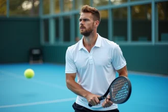 Joueur de padel concentré avant son service lors d'un tournoi, tenant sa raquette à deux mains sur un court extérieur