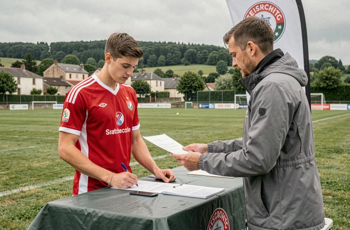 Joueur de football signant un formulaire de mutation sous supervision d'un responsable de club en Drôme Ardèche