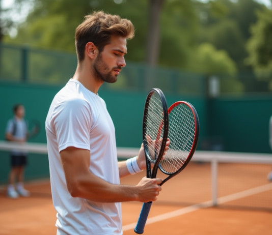 Poids de raquette : comment bien choisir pour optimiser votre jeu ? Jeune homme tennis examinant deux raquettes sur court extérieur