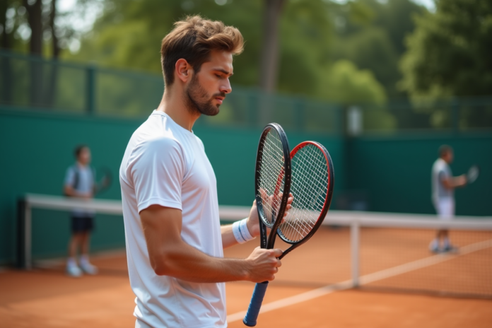 joueur-tennis-examen-raquettes Jeune homme tennis examinant deux raquettes sur court extérieur