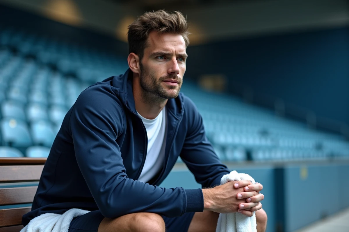 Joueur de tennis assis sur le banc lors d'une pause entre les jeux, raquette posée à ses côtés dans un stade de tournoi