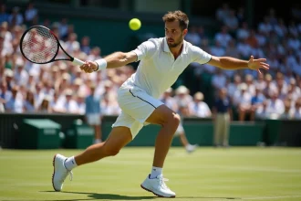 Joueur de tennis professionnel en pleine action sur gazon lors d'un match officiel, bras tendu en coup droit puissant