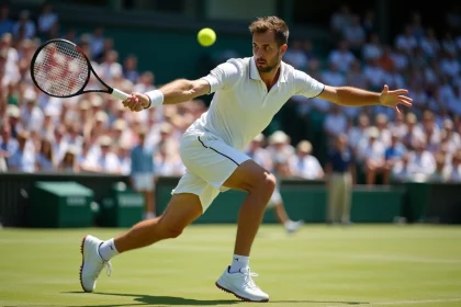 Joueur de tennis professionnel en pleine action sur gazon lors d'un match officiel, bras tendu en coup droit puissant