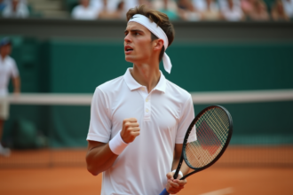Jeune joueur de tennis en pleine tension sur court en terre battue