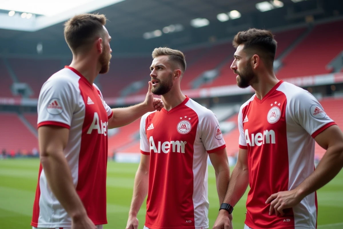 Joueurs de l'Ajax en discussion tactique au bord du terrain dans le Johan Cruyff Arena lors d'un match européen